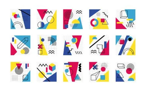 Bundle of abstract posters with colors and figures geometrics Stock Illustration