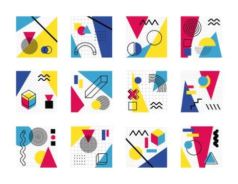 Bundle of abstract posters with colors and figures geometrics Stock Illustration