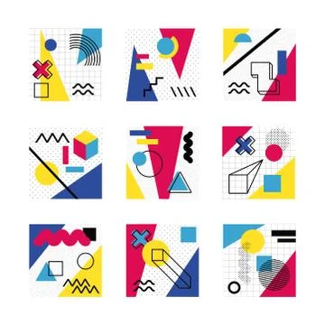 Bundle of abstract posters with colors and figures geometrics Stock Illustration