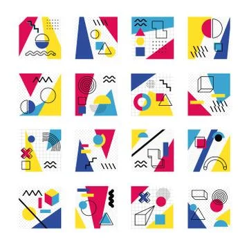 Bundle of abstract posters with colors and figures geometrics Stock Illustration