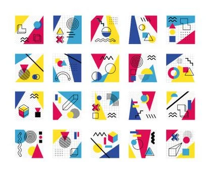 Bundle of abstract posters with colors and figures geometrics Stock Illustration