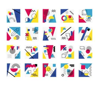 Bundle of abstract posters with colors and figures geometrics Stock Illustration