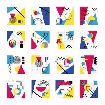 Bundle of abstract posters with colors and figures geometrics Stock Illustration