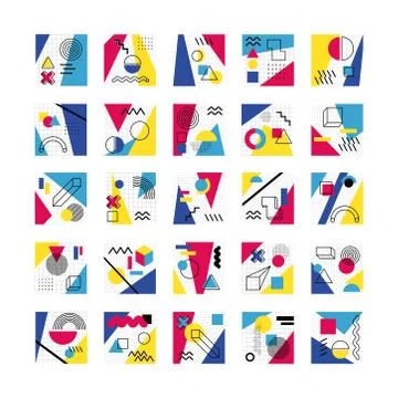 Bundle of abstract posters with colors and figures geometrics Stock Illustration