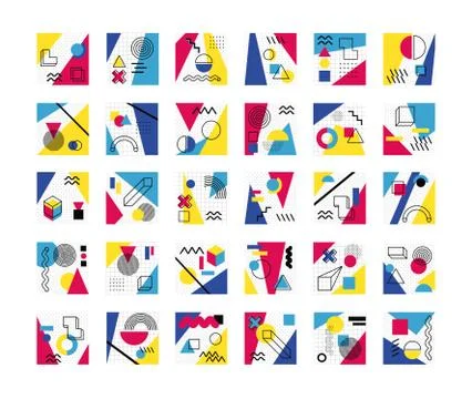 Bundle of abstract posters with colors and figures geometrics Stock Illustration