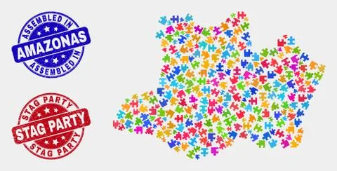 Bundle Amazonas State Map and Grunge Assembled and Stag Party Watermarks Illustrazione stock