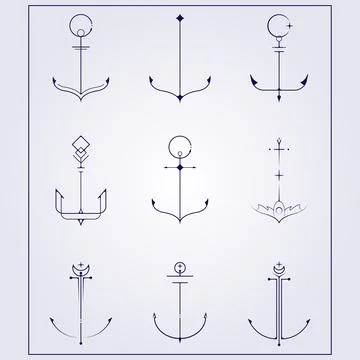 Bundle and set of nautical anchor icon symbol for tattoo style logo simple li Stock Illustration