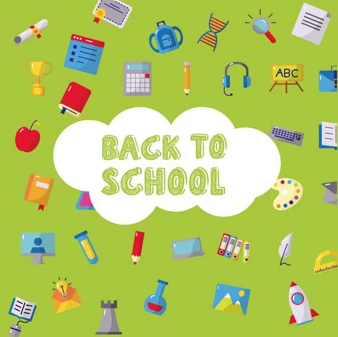 Bundle of back to school pattern icons and lettering Illustrazione stock