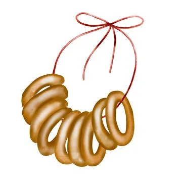 A bundle of bagels on a string watercolor drawing. Illustration of baking on an Stock Illustration