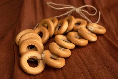 A bundle of bagels on a thread Stock Photos
