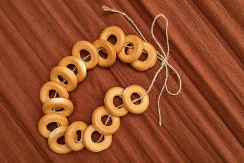A bundle of bagels on a thread Stock Photos