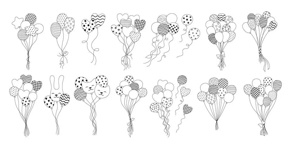 Bundle balloons set illustration doodle linear various shaped patterns bunches Illustrazione stock