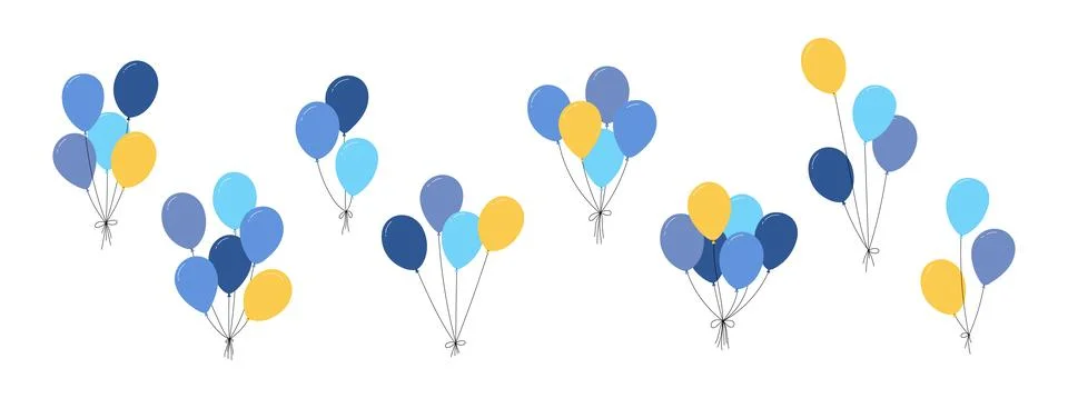 Bundle of balloons with strings, simple doodle outline, floating party Stock Illustration