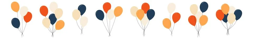 Bundle of balloons with strings, simple doodle outline, floating party Stock Illustration