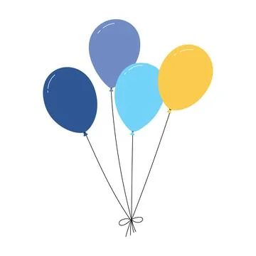 Bundle of balloons with strings, simple doodle outline, floating party Stock Illustration