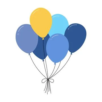 Bundle of balloons with strings, simple doodle outline, floating party Stock Illustration