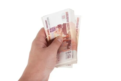 A bundle of banknotes of five thousand rubles in hand Stock Photos