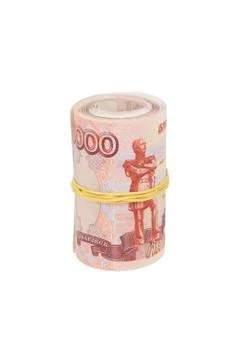 Bundle of banknotes puffed up in a straw and wrapped with an elastic band Stock Photos