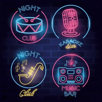 Bundle of bar labels neon lights Stock Illustration