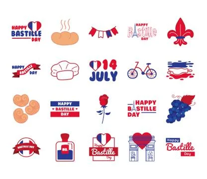 Bundle of bastille day icons Illustrazione stock