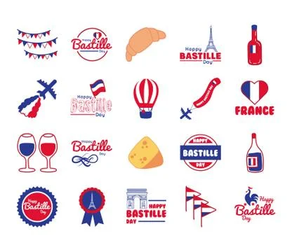 Bundle of bastille day icons Illustrazione stock