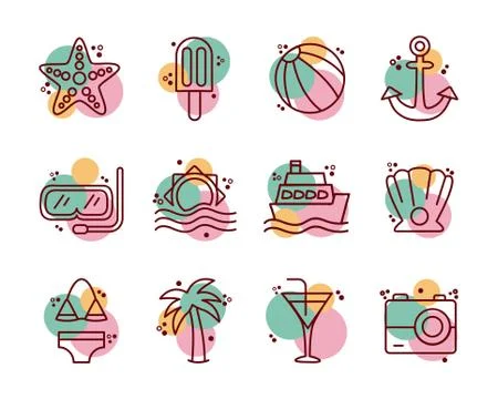 Bundle of beach set line and color icons Illustrazione stock