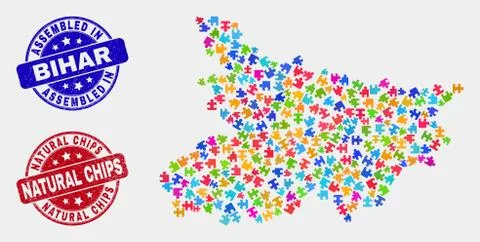 Bundle Bihar State Map and Grunge Assembled and Natural Chips Stamps イラスト素材