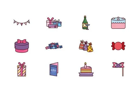 Bundle birthday with icons set Illustrazione stock