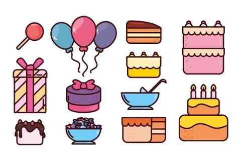 Bundle birthday with icons set Illustrazione stock