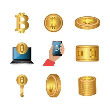 Bundle of bitcoins with set icons 库存插图