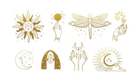 Bundle of boho logos in gold. Vintage esoteric elements for astrology, dragon Illustrazione stock