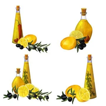 Bundle of bottles of aromatic olive oil seasoned with kitchen herbs, chili pe Stock Illustration