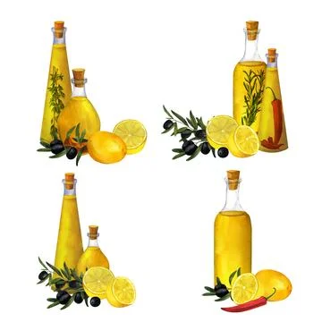 Bundle of bottles of aromatic olive oil seasoned with kitchen herbs, chili pe Stock Illustration