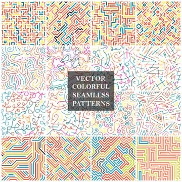 Bundle of bright color seamless patterns. Cruve and striped textures. Vibrant 스톡 일러스트