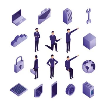 Bundle of business people and data center icons Stock Illustration