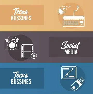 Bundle of business techno set icons and letterings Stock Illustration