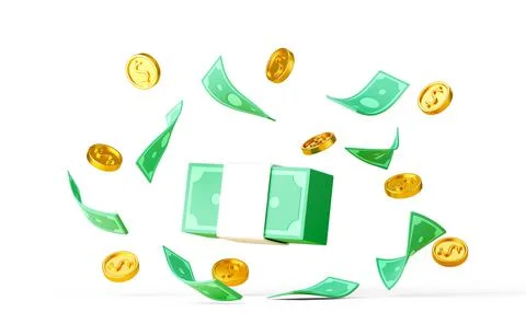 Bundle cash, floating bills and coins around isolated on white background Stock Illustration