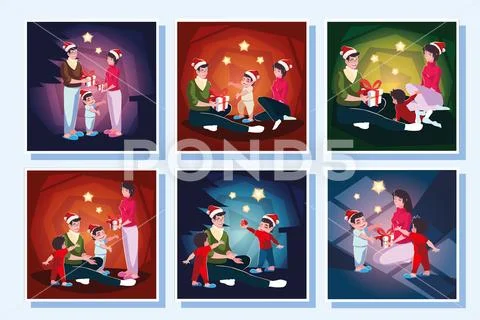 Bundle christmas cards of family in christmas evening Stock Illustration