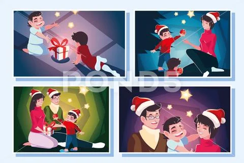 Bundle christmas cards of family in christmas evening Stock Illustration