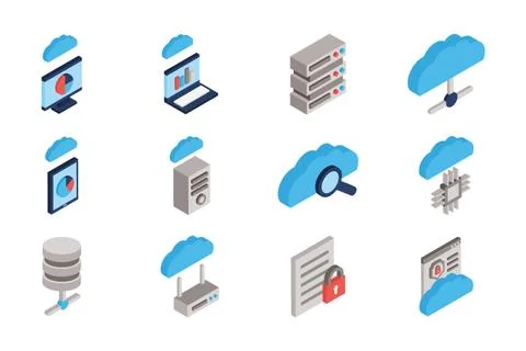 Bundle of cloud computing tech icons Stock Illustration