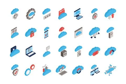 Bundle of cloud computing tech icons Stock Illustration
