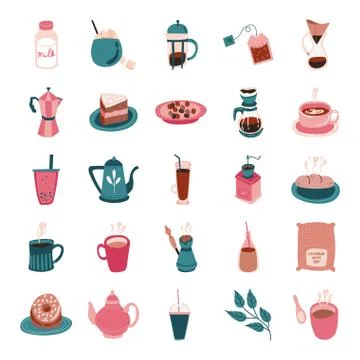 Bundle of coffee and tea free form style icon Stock Illustration