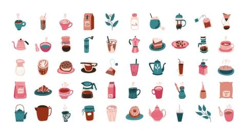 Bundle of coffee and tea free form style icon Stock Illustration