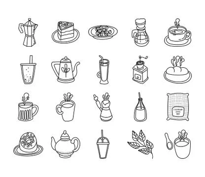 Bundle of coffee and tea line style icon Stock Illustration