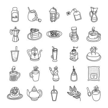 Bundle of coffee and tea line style icon Stock Illustration