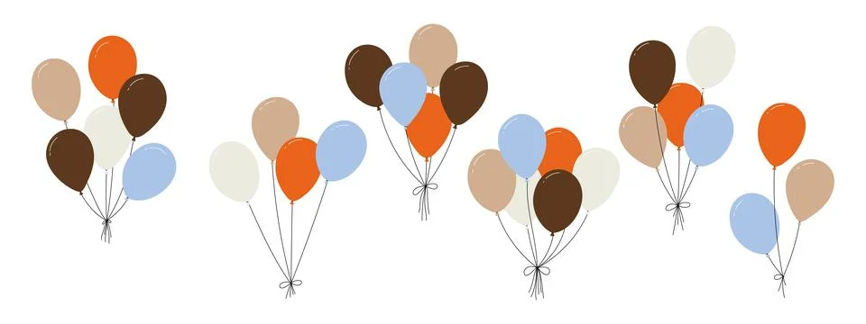 Bundle of colorful balloons with strings, floating party decoration in simple 스톡 일러스트