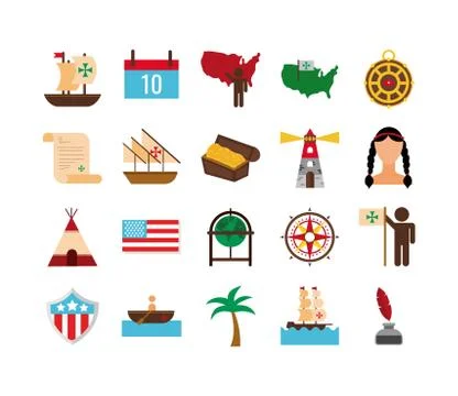 Bundle of columbus day set icons Stock Illustration