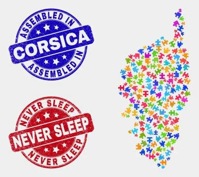 Bundle Corsica Map and Grunge Assembled and Never Sleep Seals Illustrazione stock