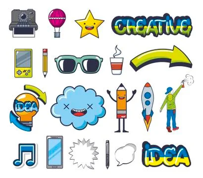 Bundle of creative photographic ideas set icons Illustrazione stock