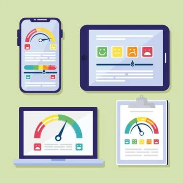 Bundle of customer satisfaction set icons in checklist and electronics devices Illustrazione stock